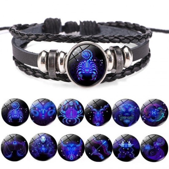 Luminous 12 Zodiac Constellation Sign Braided Leather Bracelet Women Men Jewelry