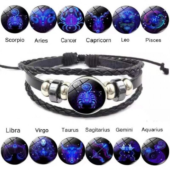 Luminous 12 Zodiac Constellation Sign Braided Leather Bracelet Women Men Jewelry