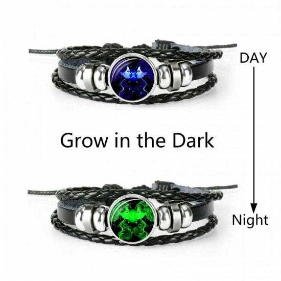 Luminous 12 Zodiac Constellation Sign Braided Leather Bracelet Women Men Jewelry