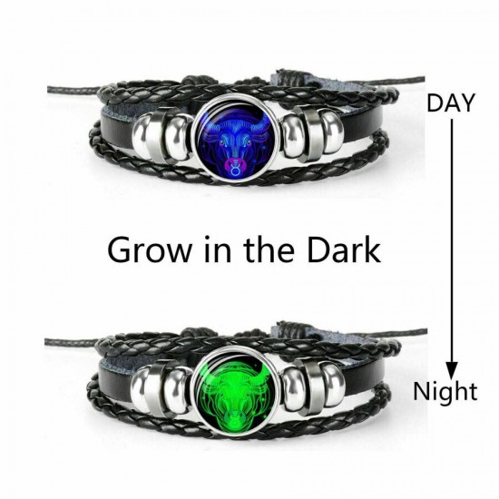 Luminous 12 Zodiac Constellation Sign Braided Leather Bracelet Women Men Jewelry