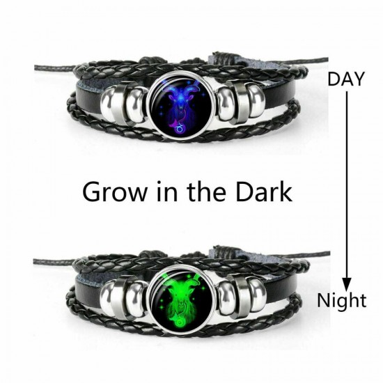 Luminous 12 Zodiac Constellation Sign Braided Leather Bracelet Women Men Jewelry