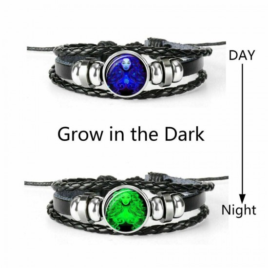 Luminous 12 Zodiac Constellation Sign Braided Leather Bracelet Women Men Jewelry