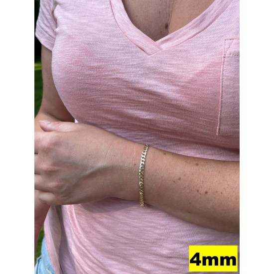 Real 14k Gold Plated Solid 925 Sterling Silver Flat Cuban Bracelet Mens Ladies
