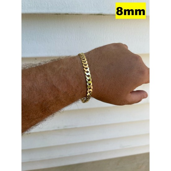 Real 14k Gold Plated Solid 925 Sterling Silver Flat Cuban Bracelet Mens Ladies