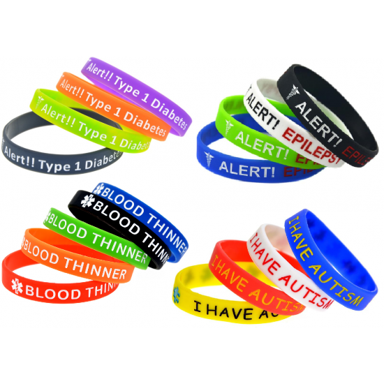 Silicone Bracelets Wrist Bands Medical Alert Health Survival Aware Adults Kids