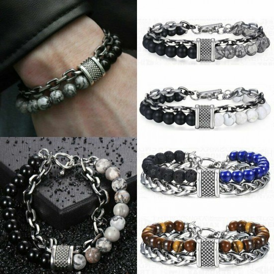 Natural Map Stone Men's Women Beaded Stainless Steel Bracelets Jewelry Tiger Eye