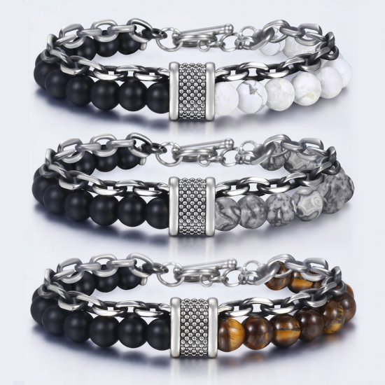 Natural Map Stone Men's Women Beaded Stainless Steel Bracelets Jewelry Tiger Eye