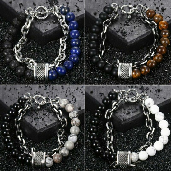 Natural Map Stone Men's Women Beaded Stainless Steel Bracelets Jewelry Tiger Eye