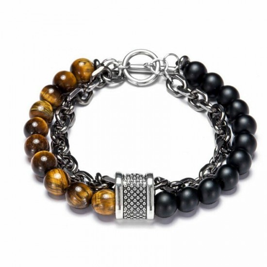 Natural Map Stone Men's Women Beaded Stainless Steel Bracelets Jewelry Tiger Eye