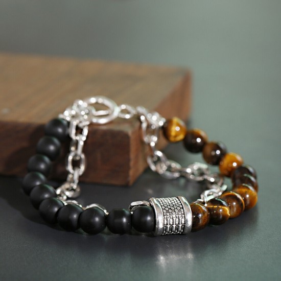 Natural Map Stone Men's Women Beaded Stainless Steel Bracelets Jewelry Tiger Eye
