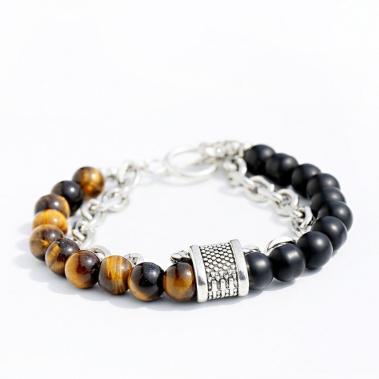 Natural Map Stone Men's Women Beaded Stainless Steel Bracelets Jewelry Tiger Eye