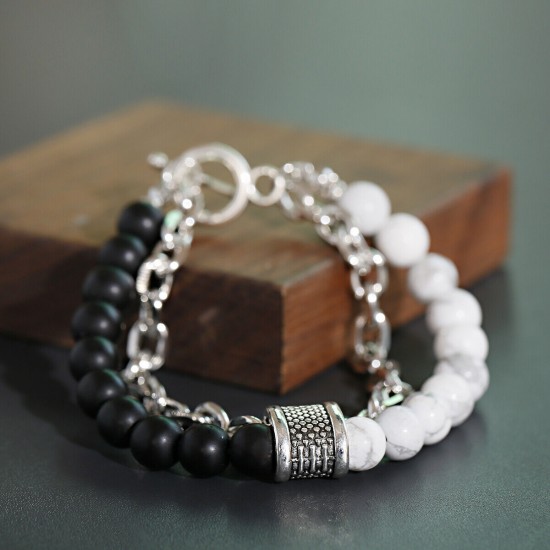 Natural Map Stone Men's Women Beaded Stainless Steel Bracelets Jewelry Tiger Eye