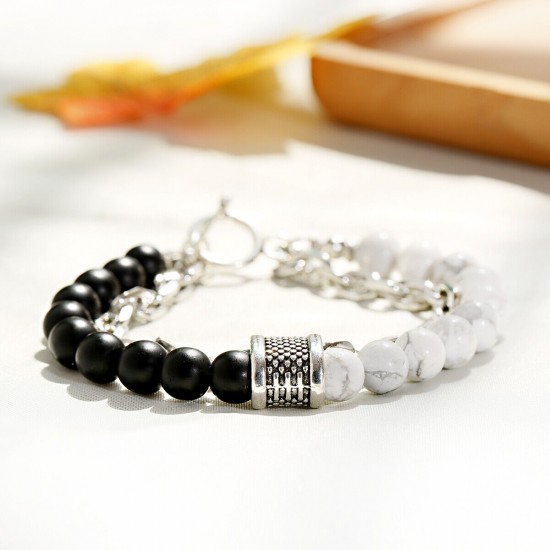 Natural Map Stone Men's Women Beaded Stainless Steel Bracelets Jewelry Tiger Eye