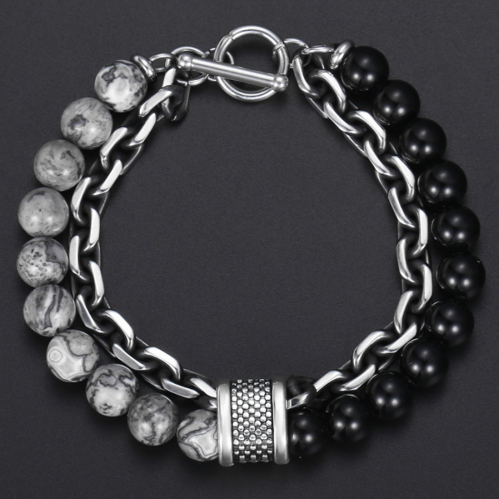 Natural Map Stone Men's Women Beaded Stainless Steel Bracelets Jewelry Tiger Eye