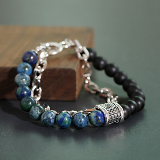 Natural Map Stone Men's Women Beaded Stainless Steel Bracelets Jewelry Tiger Eye