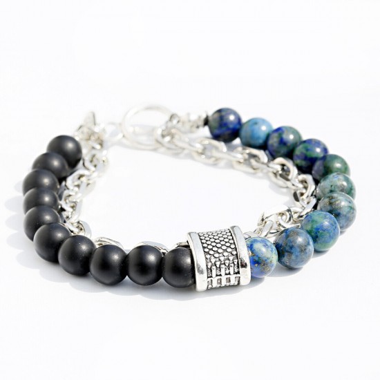 Natural Map Stone Men's Women Beaded Stainless Steel Bracelets Jewelry Tiger Eye
