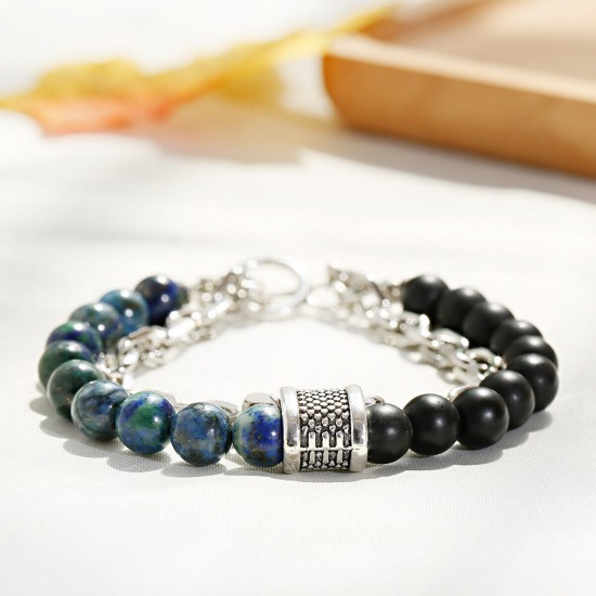 Natural Map Stone Men's Women Beaded Stainless Steel Bracelets Jewelry Tiger Eye