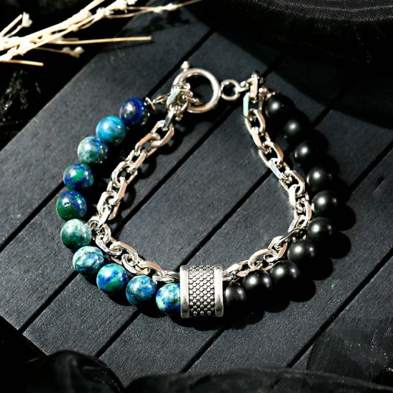 Natural Map Stone Men's Women Beaded Stainless Steel Bracelets Jewelry Tiger Eye