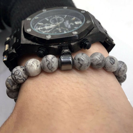 Natural Map Stone Men's Women Beaded Stainless Steel Bracelets Jewelry Tiger Eye