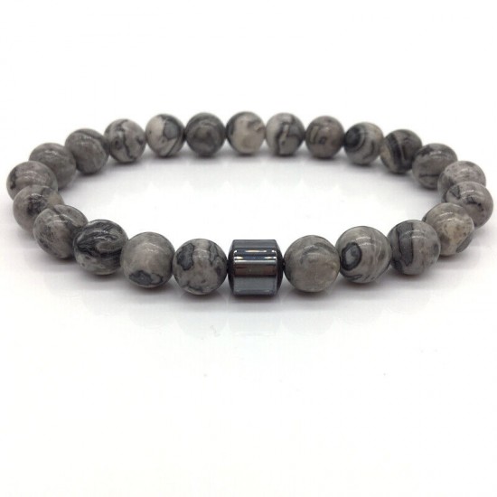 Natural Map Stone Men's Women Beaded Stainless Steel Bracelets Jewelry Tiger Eye