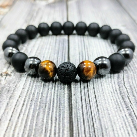 Natural Map Stone Men's Women Beaded Stainless Steel Bracelets Jewelry Tiger Eye