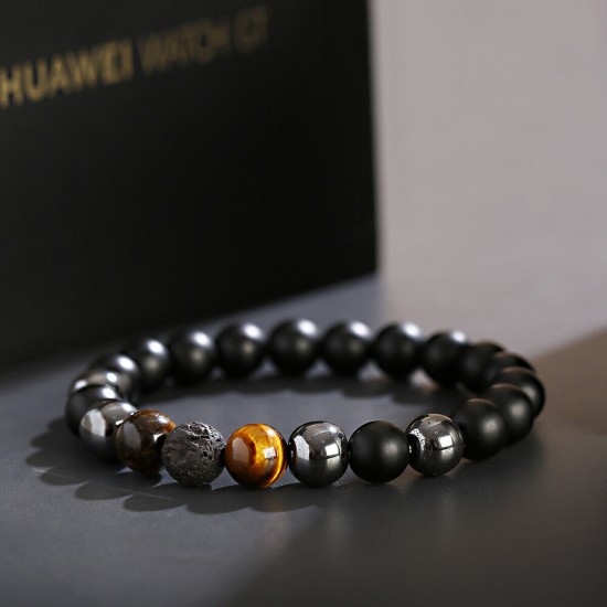 Natural Map Stone Men's Women Beaded Stainless Steel Bracelets Jewelry Tiger Eye