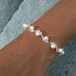 Sterling Silver Diamante Crystal Pearl Tennis Bracelet Cubic Zirconia Bangle