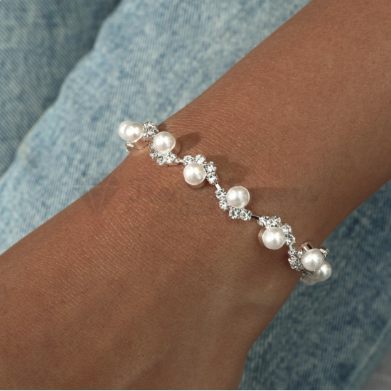 Sterling Silver Diamante Crystal Pearl Tennis Bracelet Cubic Zirconia Bangle