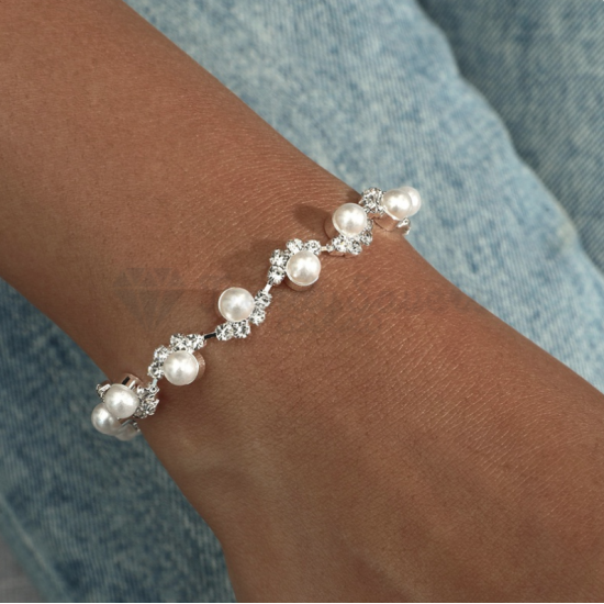 Sterling Silver Diamante Crystal Pearl Tennis Bracelet Cubic Zirconia Bangle