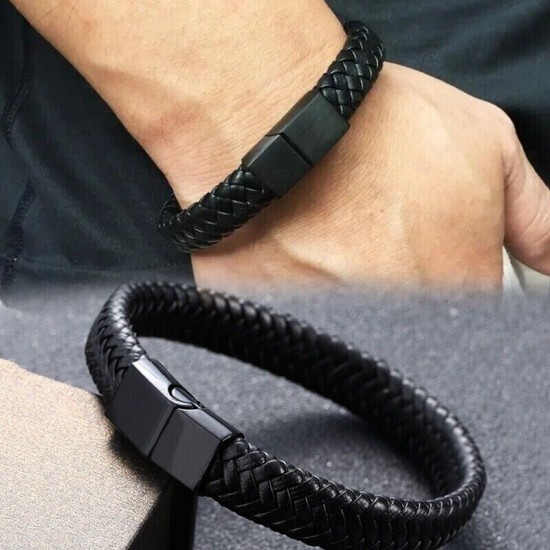 Black Bracelet Men's Braided Leather Bangle Stainless Steel Cuff Wristband