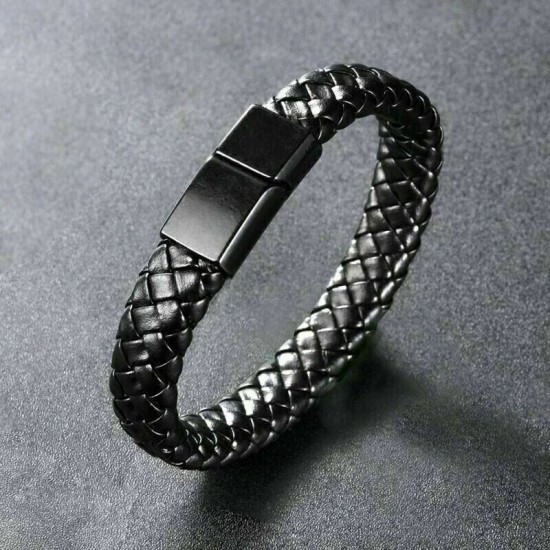 Black Bracelet Men's Braided Leather Bangle Stainless Steel Cuff Wristband