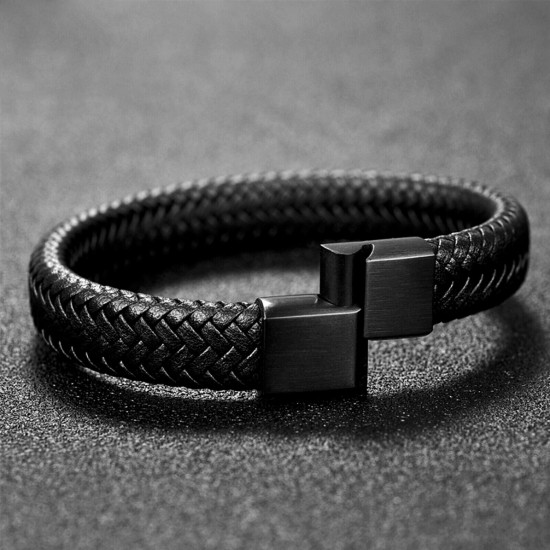 Black Bracelet Men's Braided Leather Bangle Stainless Steel Cuff Wristband