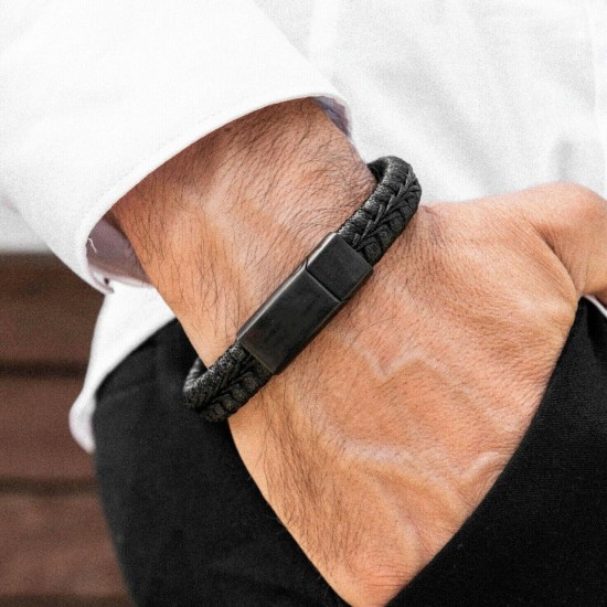 Black Bracelet Men's Braided Leather Bangle Stainless Steel Cuff Wristband