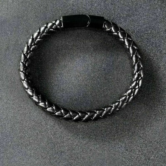 Black Bracelet Men's Braided Leather Bangle Stainless Steel Cuff Wristband