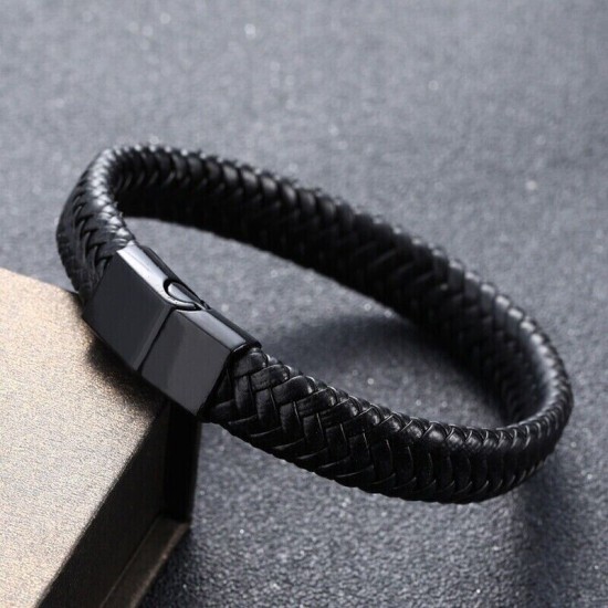 Black Bracelet Men's Braided Leather Bangle Stainless Steel Cuff Wristband