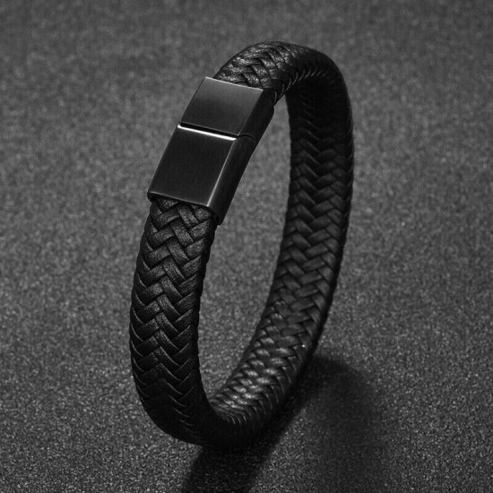 Black Bracelet Men's Braided Leather Bangle Stainless Steel Cuff Wristband