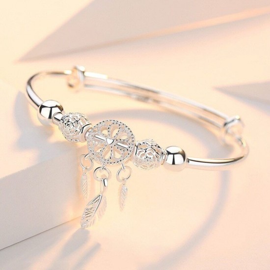 925 Sterling Silver Bangle Bracelet Cute Charm for Women Adjustment Cuff Wedding