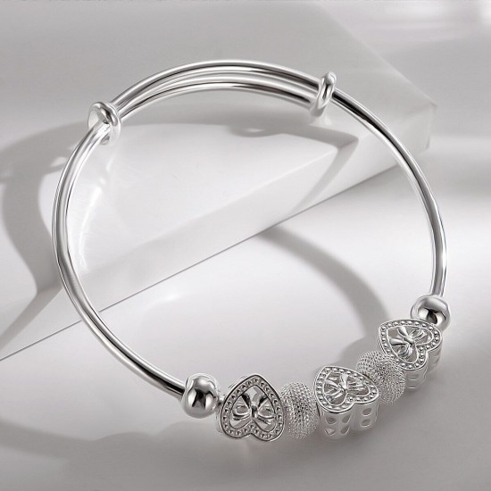 925 Sterling Silver Bangle Bracelet Cute Charm for Women Adjustment Cuff Wedding