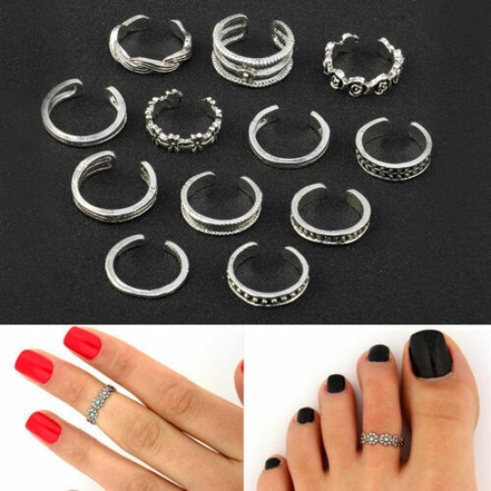 12PCs/set Adjustable Jewelry Retro Silver Open Toe Rings Ring Foot Finger