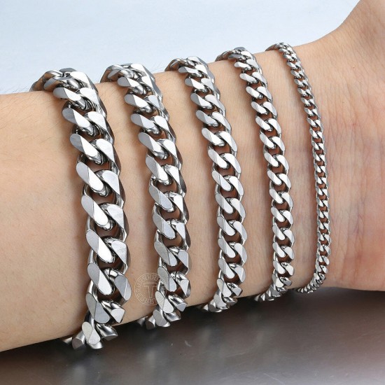 Silver Stainless Steel Curb Cuban Link Chain Bracelet Unisex Women Men 7-11inch