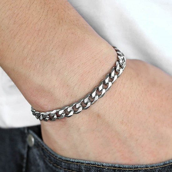 Silver Stainless Steel Curb Cuban Link Chain Bracelet Unisex Women Men 7-11inch