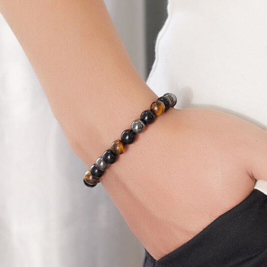 Obsidian Tiger Eye Hematite Bracelet Triple Protection Bangle Women Men Jewelry