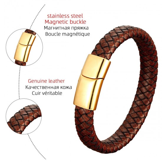 Genuine Leather Braided Bracelet Magnetic Buckle Band Men Stainless Steel Bangle