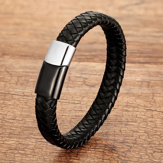 Genuine Leather Braided Bracelet Magnetic Buckle Band Men Stainless Steel Bangle