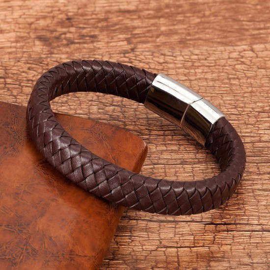Genuine Leather Braided Bracelet Magnetic Buckle Band Men Stainless Steel Bangle