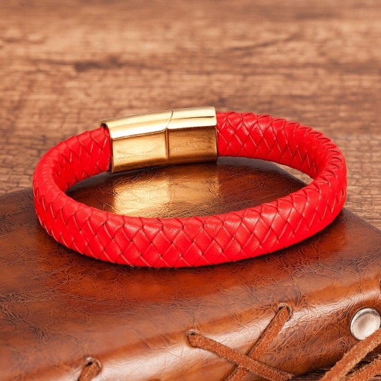 Genuine Leather Braided Bracelet Magnetic Buckle Band Men Stainless Steel Bangle