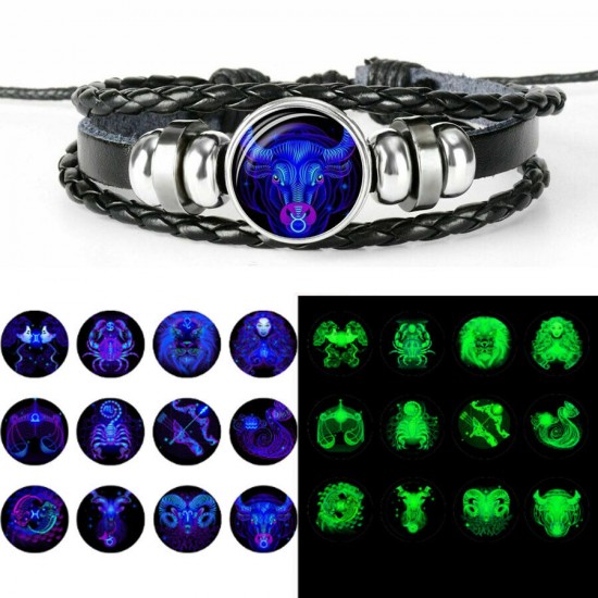 Leather Luminous Bracelet 12 Constellation Zodiac Sign Braided Unisex Jewellery