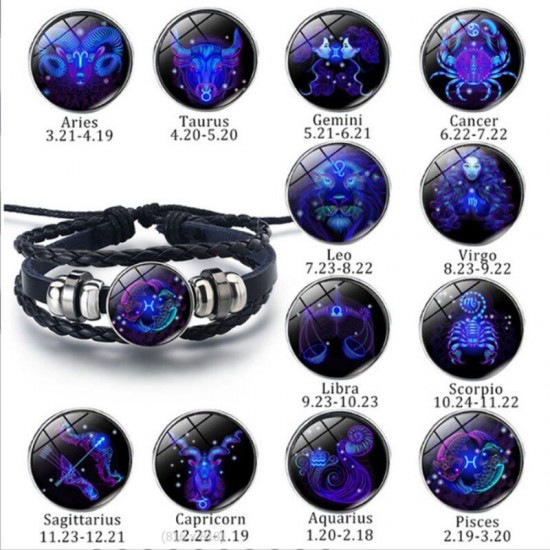 Leather Luminous Bracelet 12 Constellation Zodiac Sign Braided Unisex Jewellery