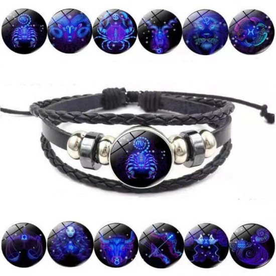 Leather Luminous Bracelet 12 Constellation Zodiac Sign Braided Unisex Jewellery