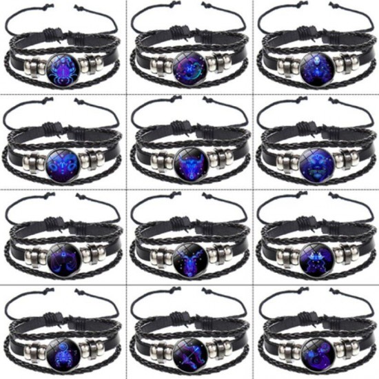 Leather Luminous Bracelet 12 Constellation Zodiac Sign Braided Unisex Jewellery